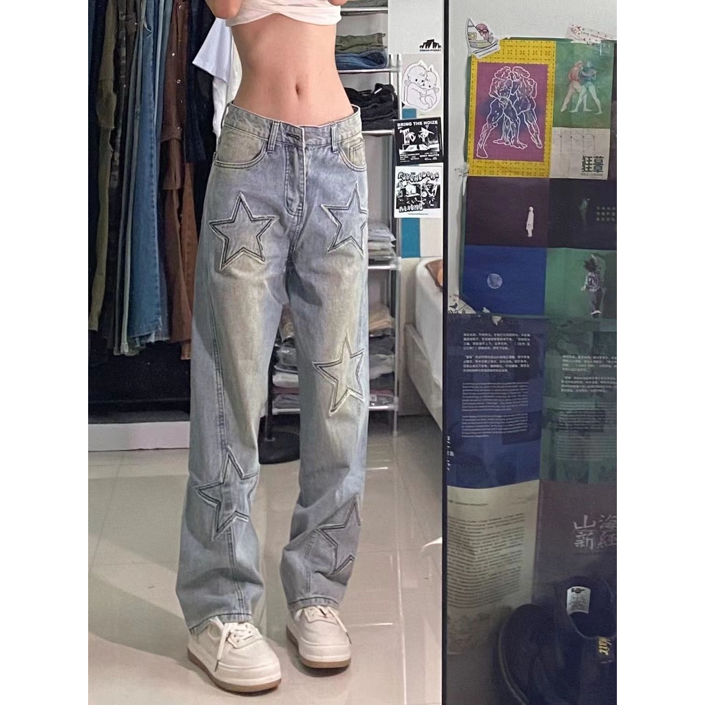 Suhao Amerika INS High Street Star Patch Bordir Jeans Wanita Musim Gugur Pinggang Tinggi Retro Dicuci Longgar Lebar Kaki celana