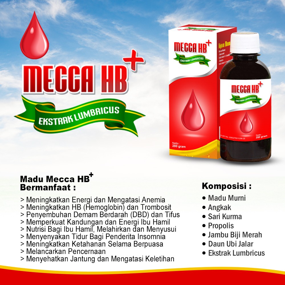 Herbal - Madu Mecca HB 280 gram Madu untuk membantu menaikan trombosit dan HB Solusinya DBD,  Typus, Anemia insomnia dll