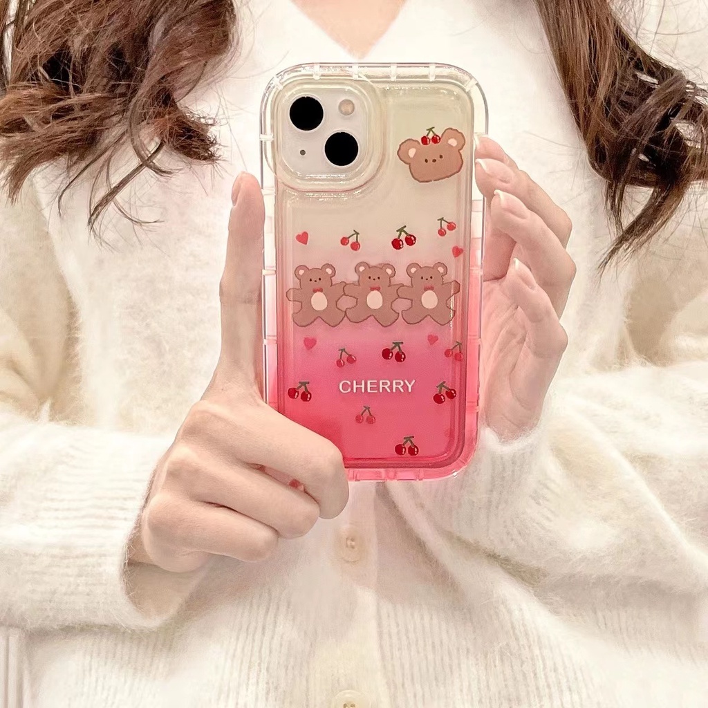 Soft Case Silikon TPU Transparan Motif Cherry Bear Untuk IPhone 14 13 12 11 Pro Max XS XR X 8 7 6 6s Plus