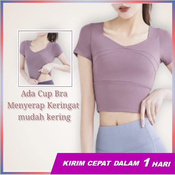 Super66 Atasan Senam Aerobik Yoga Zumba Gym Lengan Pendek Model Crop/ Pakaian Yoga Elastis/ Pakaian Yoga dengan Pad