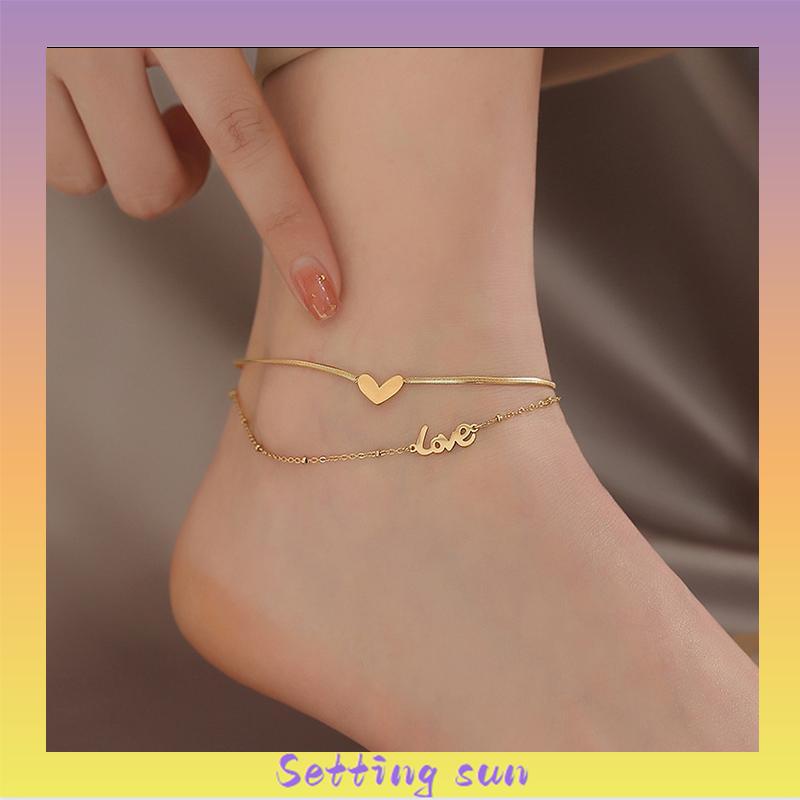 Gelang Kaki Titanium 2 Layer LOVEHuruf Hati Anti Karat Emas 18k Aksesoris Wanita Korea TN