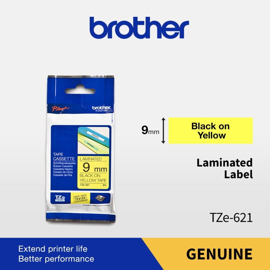 

Brother Color Tape TZE-621 9mm Laminated Black On Yellow