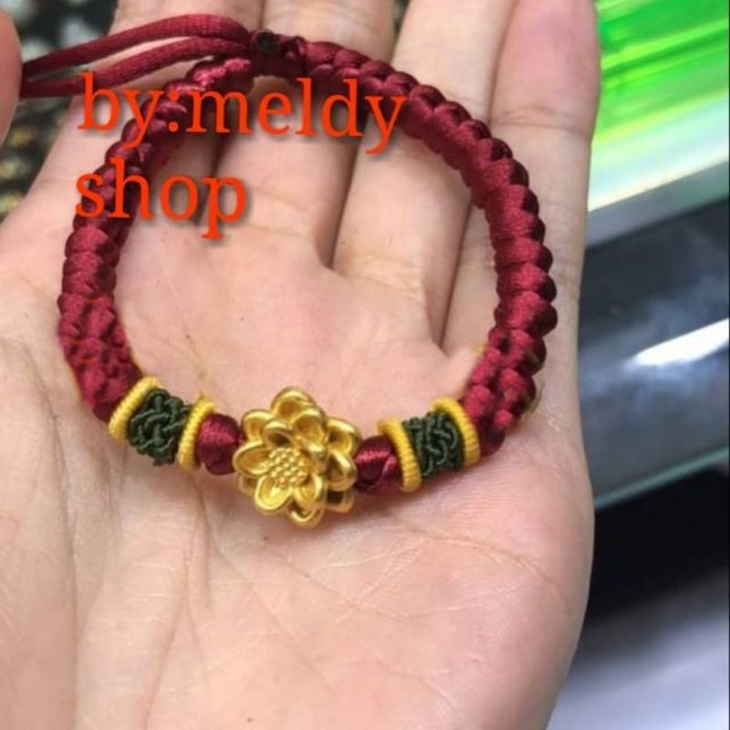 Gelang tali merah mawar bunga teratai imitasi emas hongkong premium import