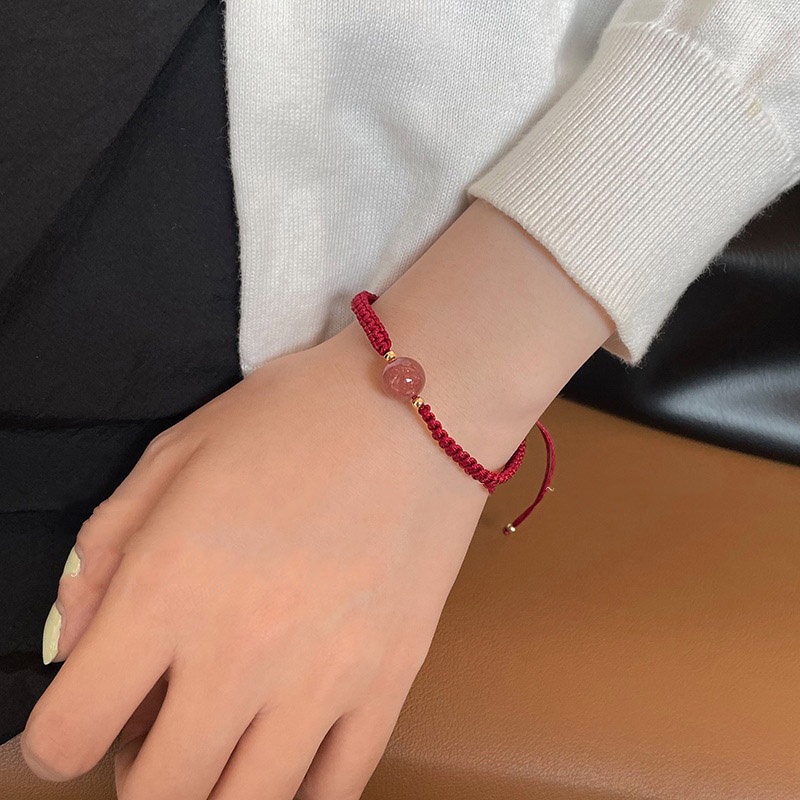 Gelang Tali Kepang Dengan Charm Bunga Kristal Strawberry Untuk Wanita