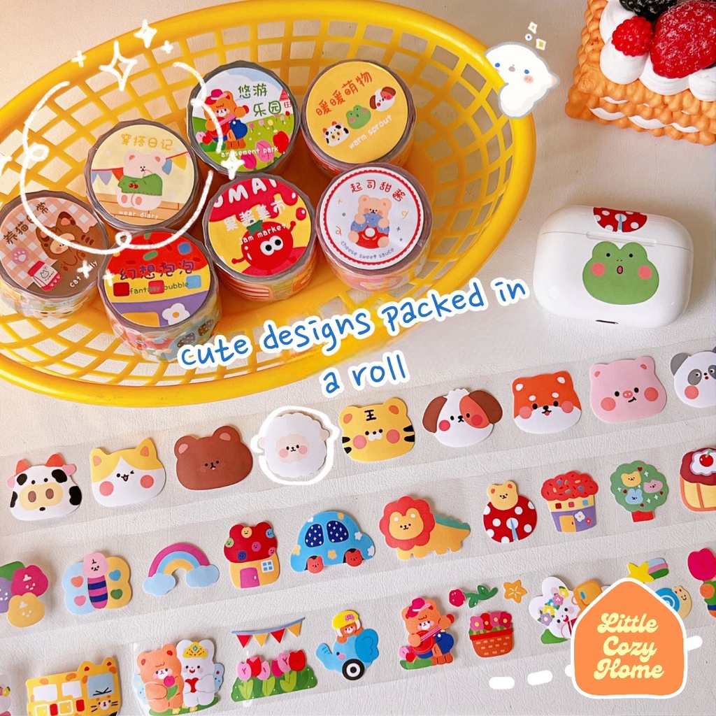Kawaii Sticker Roll / Cute Cartoon Animals Roll Deco Stickers / Stiker Gulung Kertas Motif ala Korea Lucu Unik Murah