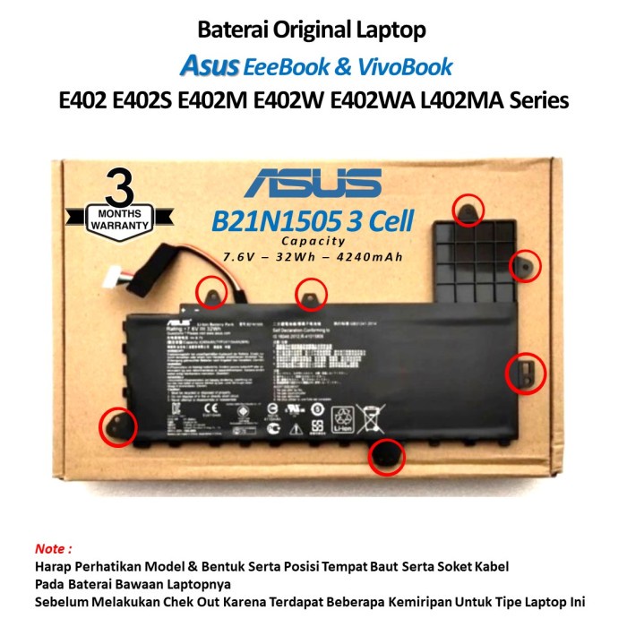 Jual ORIGINAL Baterai Laptop Asus E402 E402S E402M E402W E402WA L402MA