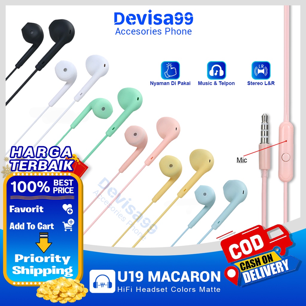 Headset Stereo U19 Macaron Handsfree Extra Bass Earphone U 19 Hifi Stereo Extra Bass 3.5mm With Mic