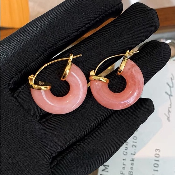 Anting 925 Silver Needle Bentuk U Desain Cherry Blossom Pink Bahan Resin Gaya Eropa Amerika Untuk Wanita