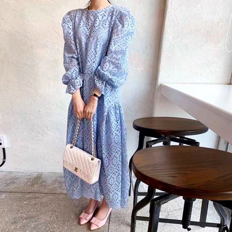 DRESS WANITA KATUN BOLONG WARNA POLOS DRESS BROKAT LACE MAXY BEST SELLER LENGAN PANJANG IMPORT KOREA