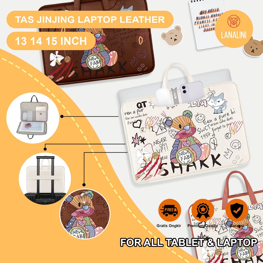 Sleeve Pouch Sarung Tas Bag Case Ipad Tab Tablet Macbook Air Pro Laptop Asus Acer Lenovo HP Huawei 11 12 13 14 15 inch Motif Gambar Kartun Bear Beruang Graffity Warna Coklat Orange Putih Cute Murah Korean Model Jinjing Tali Strap Waterproof Tahan Air