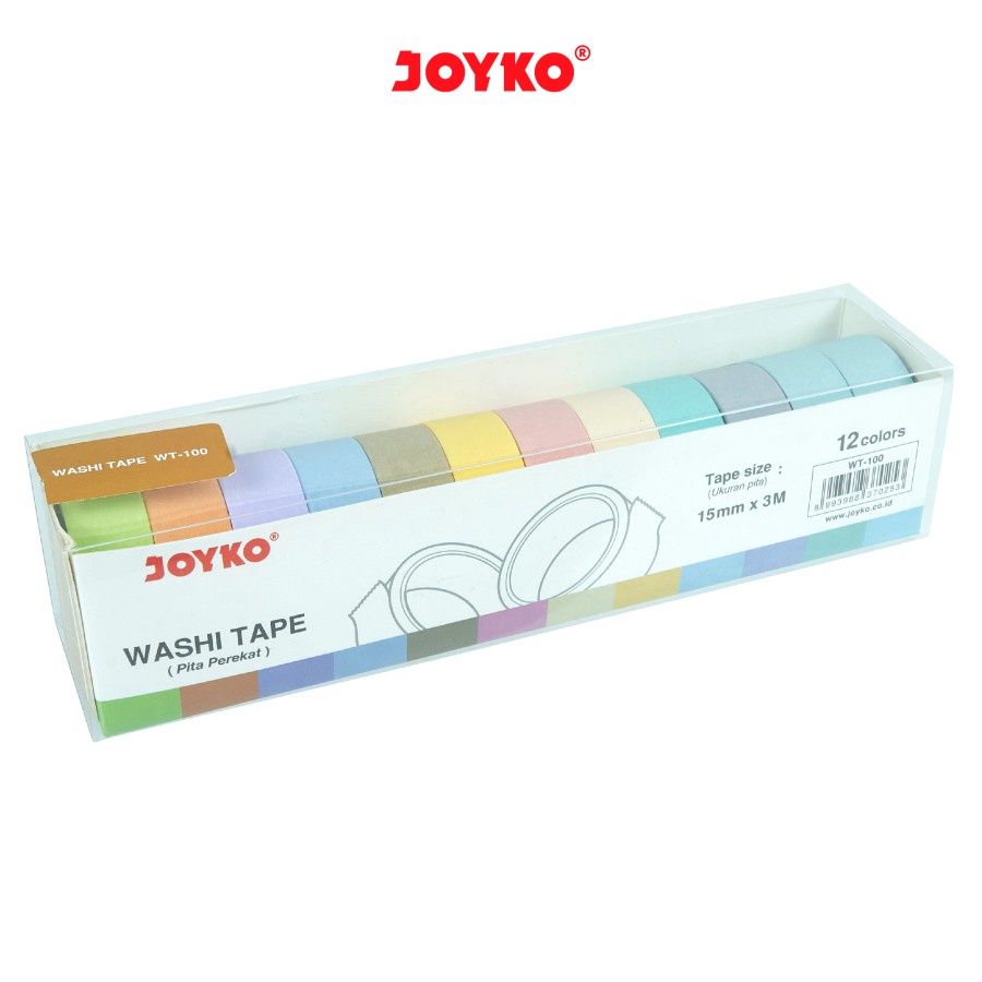 Lem Washi Tape Joyko WT-100 15mm x 3M 12 Warna Perekat Selotip Kertas Warna 15 mm x 3 M