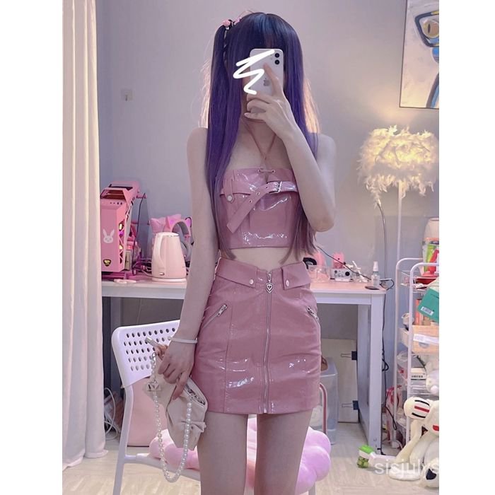 #Sisjuly# [Two Piece Set] Atasan Tank Selubung Pendek Merah Muda Wanita + Rok Kulit Pinggang Pinggul
