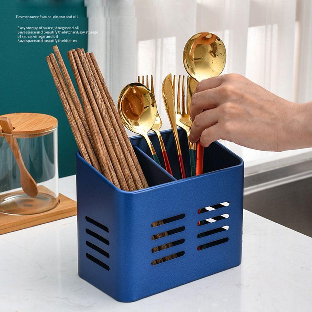 Solighter Stainless Steel Chopstick Holder High quality Tahan Lama Alat Dapur Double Grid Kotak Penyimpanan Peralatan Dapur Alat Tulis Sendok Garpu Pengering Drainer Rak