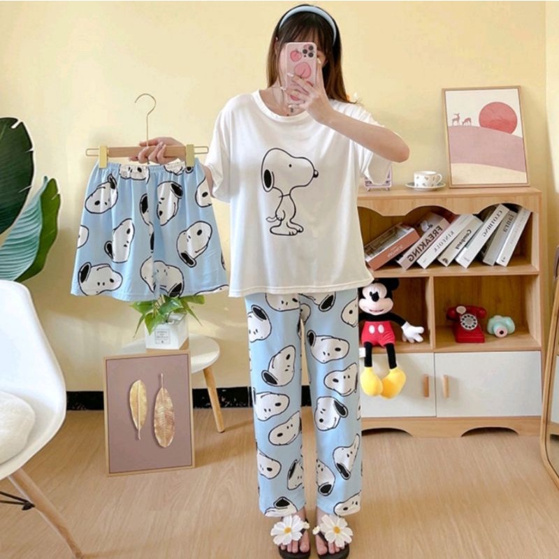 Set Baju Tidur Dewasa Piyama Kaos Celana Panjang & Pendek Setelan Baju Tidur 3in1 Leisure Wear
