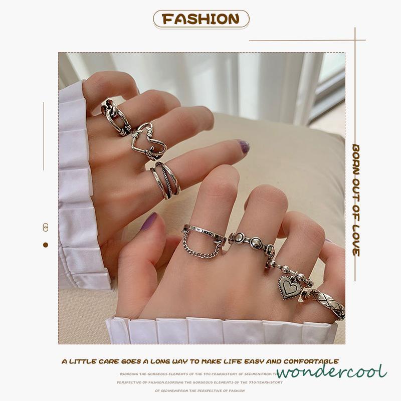 7Pcs/Set Perhiasan Cincin Rantai Cinta Fashion Korea Vintage Adjustable Gaya Untuk Wanita-Won