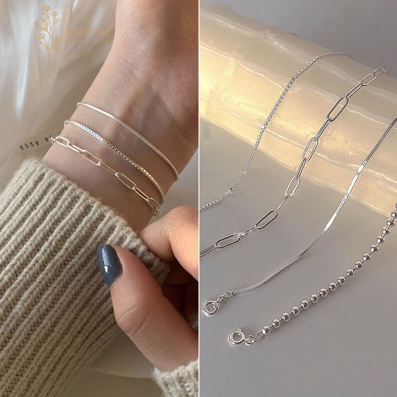 Roselife Gelang Tangan Rantai Lapis Silver S925 Aksen Manik-Manik Geometri Untuk Perhiasan Wanita