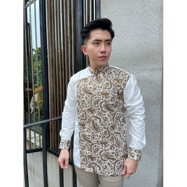 Batik Rojo, Batik Kombinasi Pria Premium, Lengan Panjang, Slimfit, Broken White