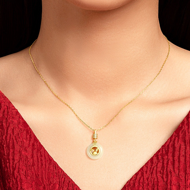 Fancyqube Kalung Liontin Giok Hetian Putih Cabang Emas Bentuk Kelinci Gaya Cina Retro Untuk Hadiah Liburan
