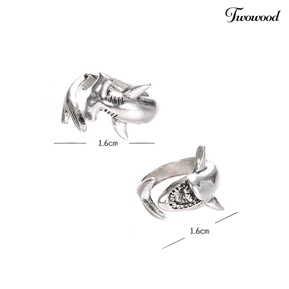 2pcs / Set Cincin Model Terbuka Bahan Alloy Bentuk Hiu Gaya Vintage Adjustable Untuk Unisex