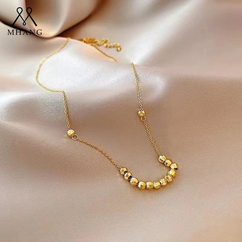 Kalung Rantai Manik-Manik Emas Bahan Titanium Steel Gaya Retro Untuk Wanita