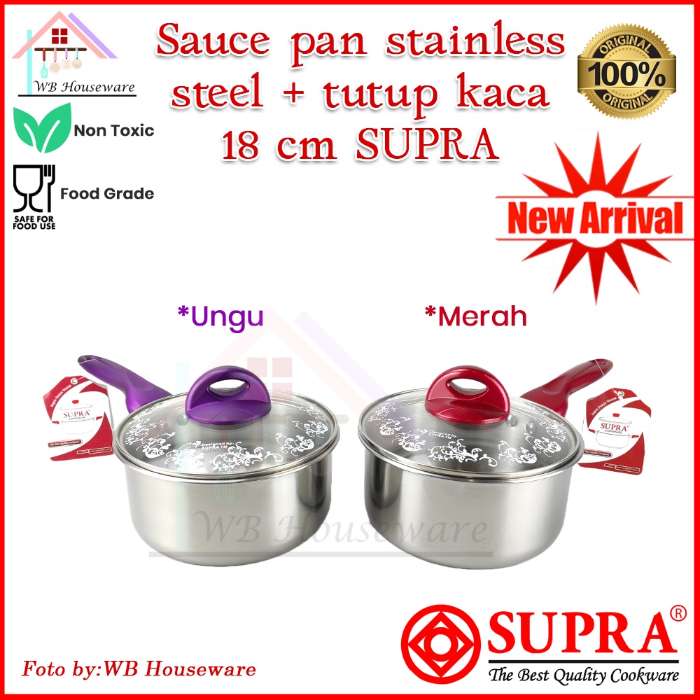 Supra panci sauce pan stainless 18cm + tutup kaca merah dan ungu / milk pan / panci rebus masak mie