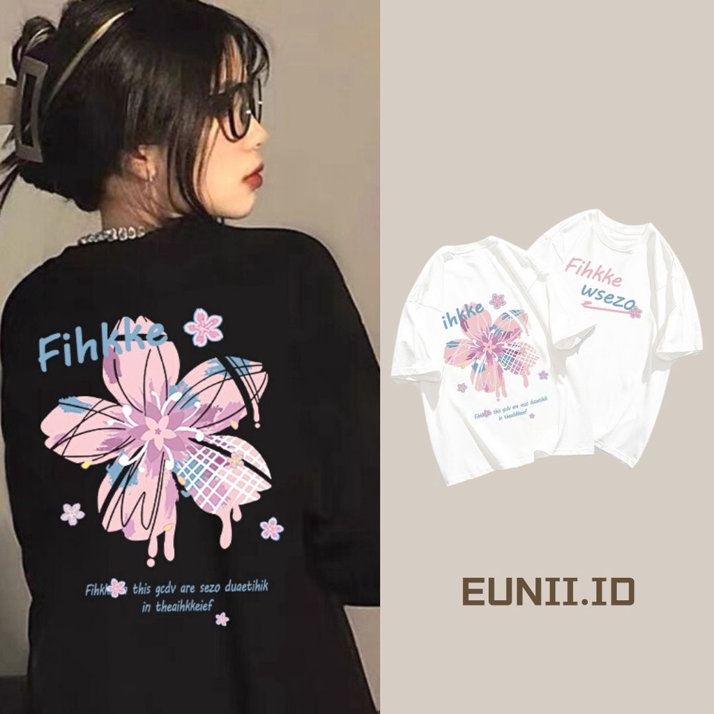 EUNII T-shirt Lengan Pendek Bunga Sakura Pencetakan Longgar Korean Style /Kaos Korean Style/Baju Kaus Oversize Wanita