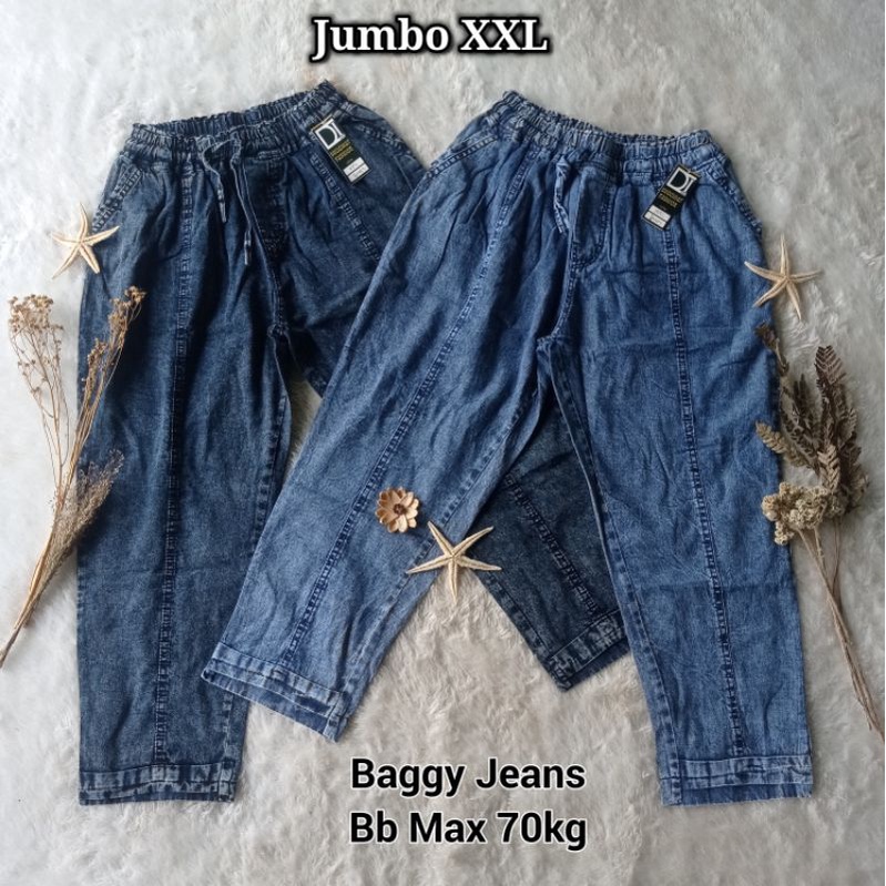 Celana Panjang Baggy Pants Jeans Wanita Big Size Xxl 3xl 4xl bb 70kg bb 100kg bb 130kg // Baggy Jeans Wanita High Waist Super Jumbo Warna Snow Jeans Hitam Dan Biru / Celana Jeans Wanita Pinggang Karet Jumbo / Boyfriend Jeans Big Size / Grefata