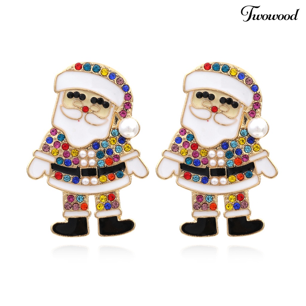 1 Pasang Anting Stud Desain Kartun Santa Claus Aksen Berlian Imitasi Untuk Wanita