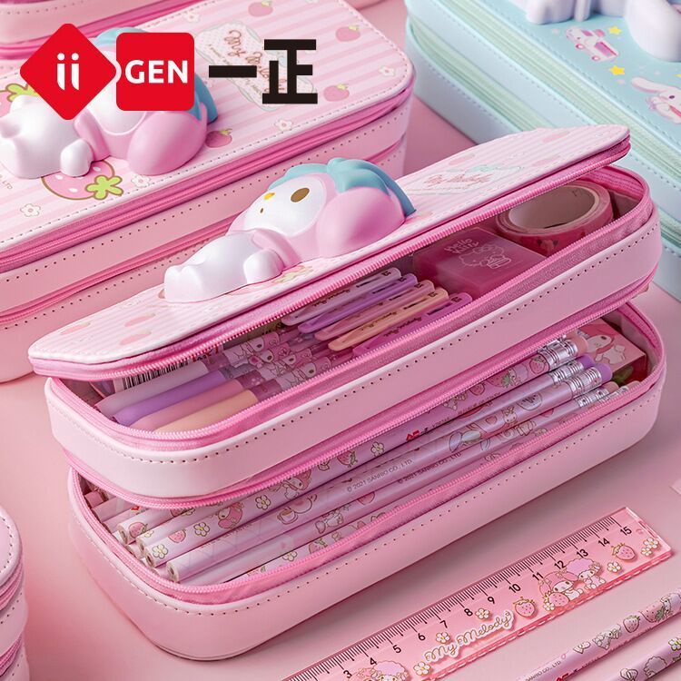 ☾✚℗  iigen satu tekstur Sanrio dekompresi double-layer kotak pensil 3D tiga dimensi kartun kotak alat tulis tempat pensil berkapasitas besar