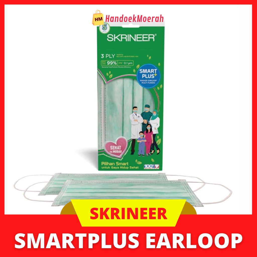 (Isi 5 pcs 3 ply) Skrineer Smart Plus Masker 3 Ply Earloop Green / Masker Kesehatan