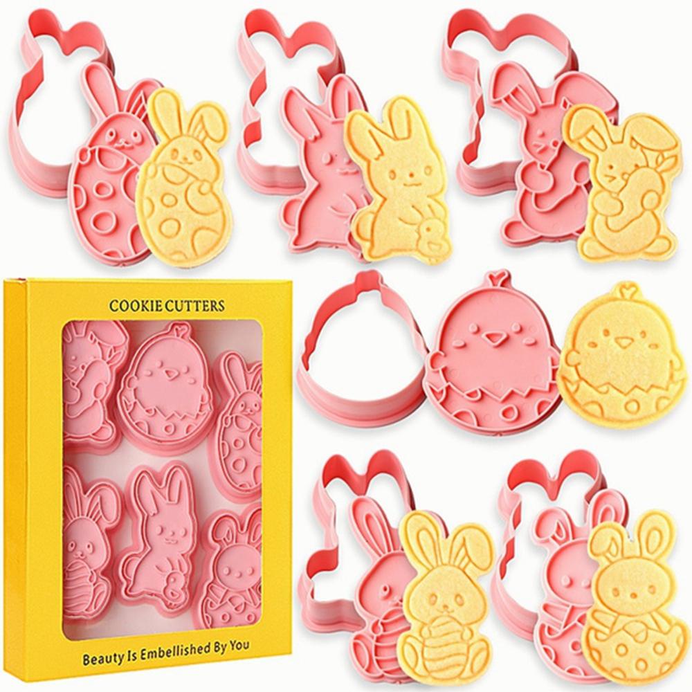 Solighter 6Pcs/Set Easter Cookies Cutter Plunger Kartun Kelinci Ayam Dekorasi Paskah