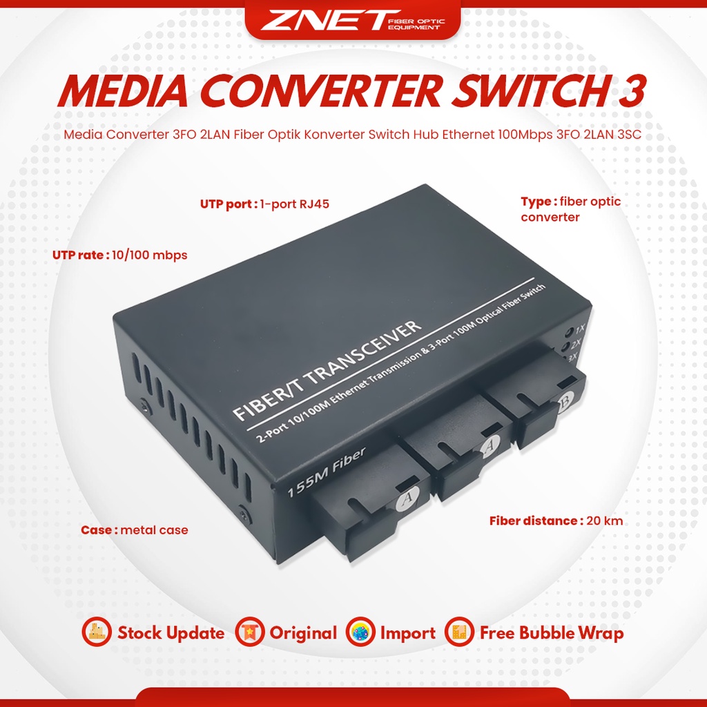 POE 3FO 2LAN Media Converter  Fiber Optik Konverter Switch Hub Ethernet 100Mbps 3FO 2LAN 3SC