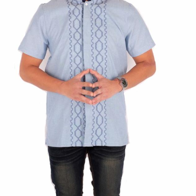 kemeja koko polos kerah sanghai lengan pendek pria muslim - Biru, M