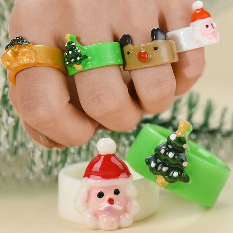 Cincin Desain Kartun Santa Elk Snowman Pohon Natal Bahan Resin Untuk Wanita