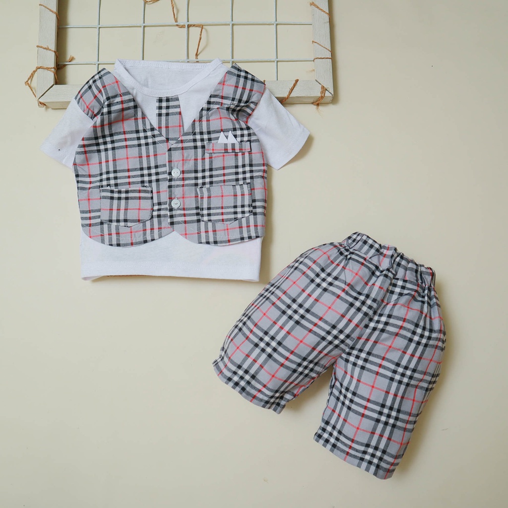 Setelan Baju Celana Anak Bayi Laki-laki Cowok Usia 0 Bulan - 3 Tahun Motif Rompi Dasi Burberry 02