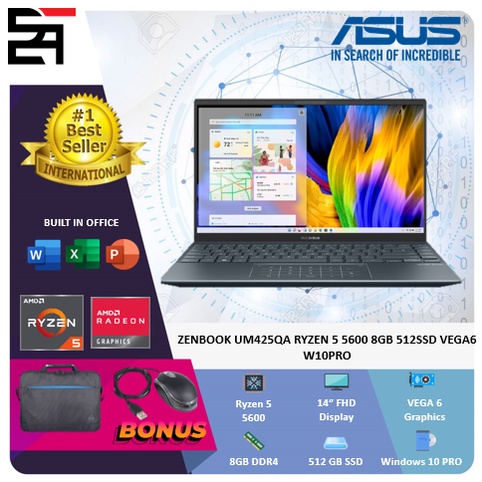 LAPTOP BISNIS ASUS ZENBOOK UM425QA RYZEN 5 5600 8GB 512GB SSD VEGA6 W10PRO 14 Inchi FHD IPS