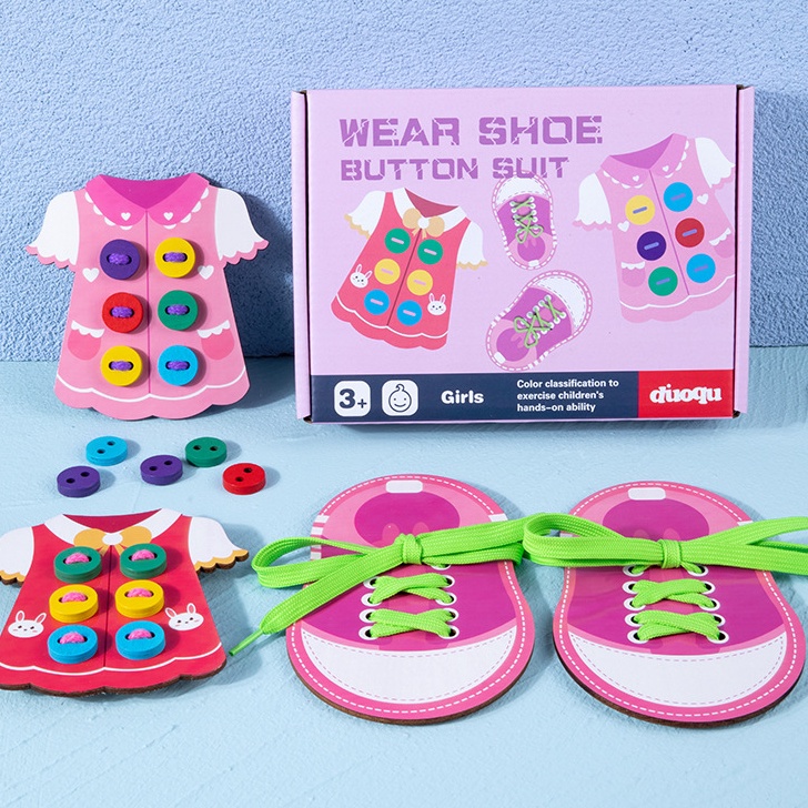 Duoqu Wear Shoe Button Suit SET | Mainan Menjahit Kancing Baju Mengikat Tali Sepatu | Montessori Lacing Threading Sewing Toy | Mainan Edukatif Edukasi Anak Motorik Halus | Hand Eye Coordination / Koordinasi Mata dan Tangan