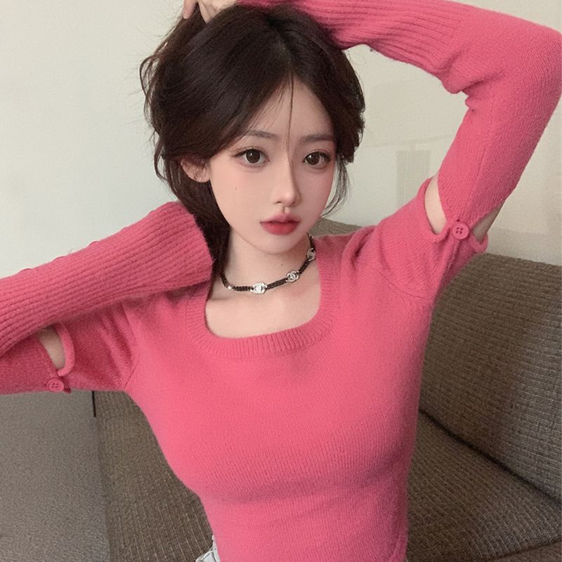 Red Musim Gugur dan Musim Dingin Baru Slim Pullover Jahitan Lengan Sweater Rajutan Atasan Pendek Retro Square Kerah Putih Bawahan Sweater Wanita