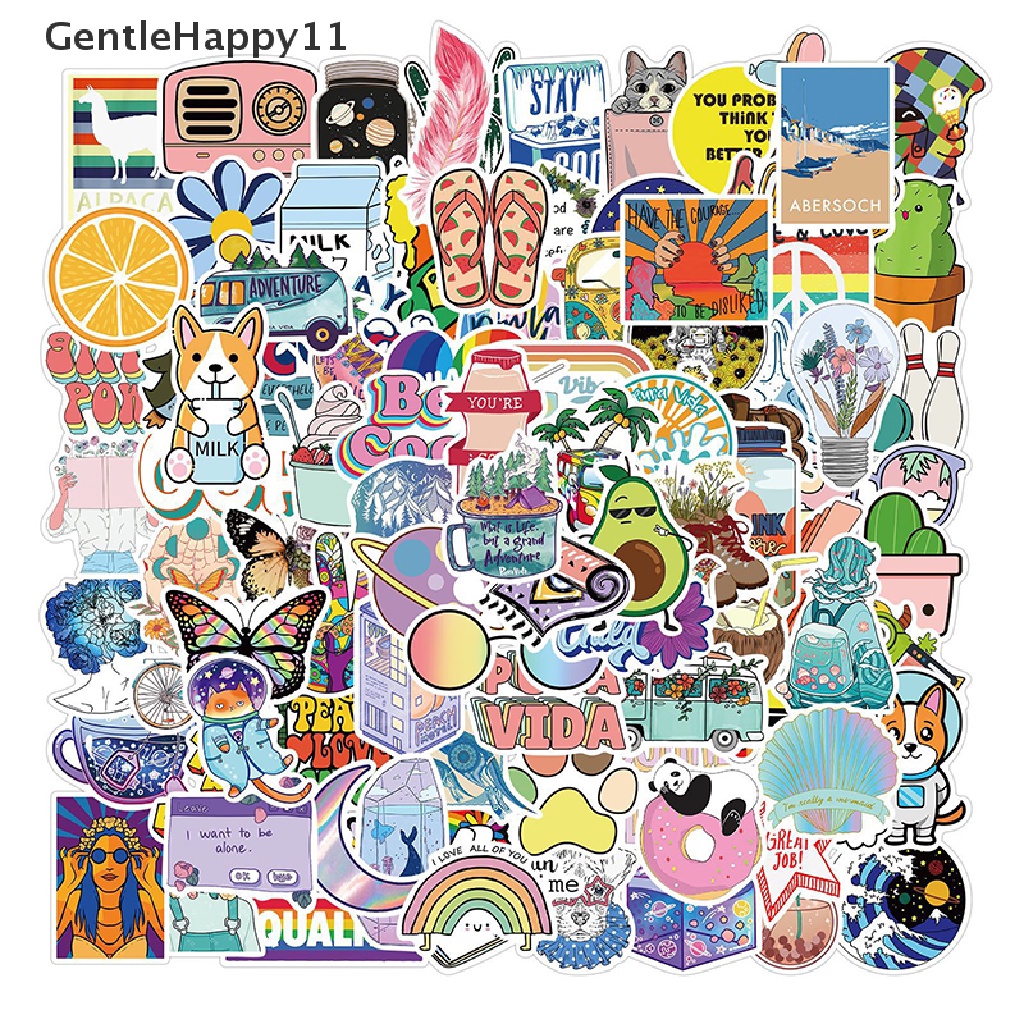 Gentlehappy 100pcs / Set Stiker Anti Air Motif Kartun Lucu Untuk Dekorasi Botol Air / Laptop / Koper