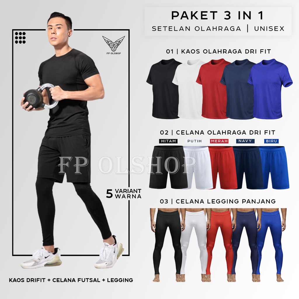 PAKET 3IN1 STELAN KAOS DRIFIT LEGGING PANJANG DAN CELANA PENDEK DRIFIT OLAHRAGA FUTSAL SEPEDA BASKET