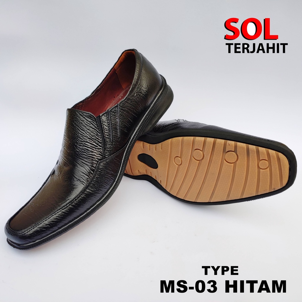 Sepatu Pantofel Hitam Pria Kulit Asli SOL KARET Terjahit Kuat Lentur &amp; Tidak Licin