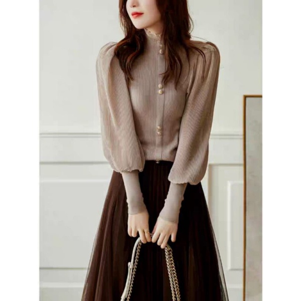 K1654 Atasan baju blus kemeja blouse rajut knit knited lengan panjang balon plisket santai mewah sim