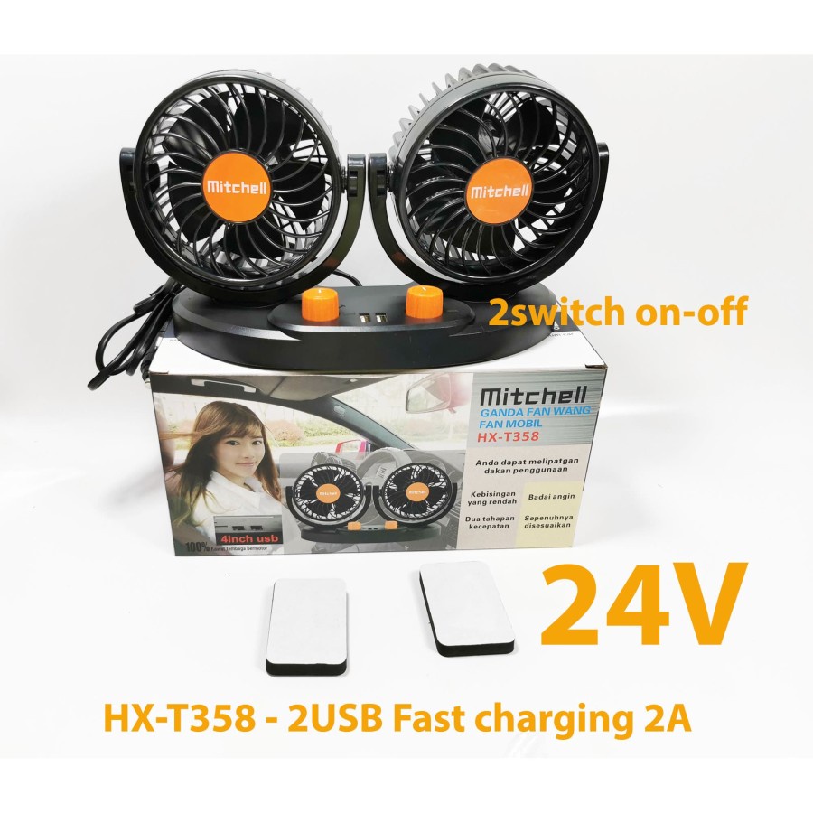 MITCHELL HX-T358 24V DC 2USB 2A + ON-OFF swing kipas mobil double fan