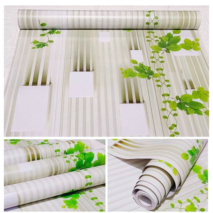 Wallpaper Sticker Dinding Bunga Daun Hijau Garis 45cm x 10m