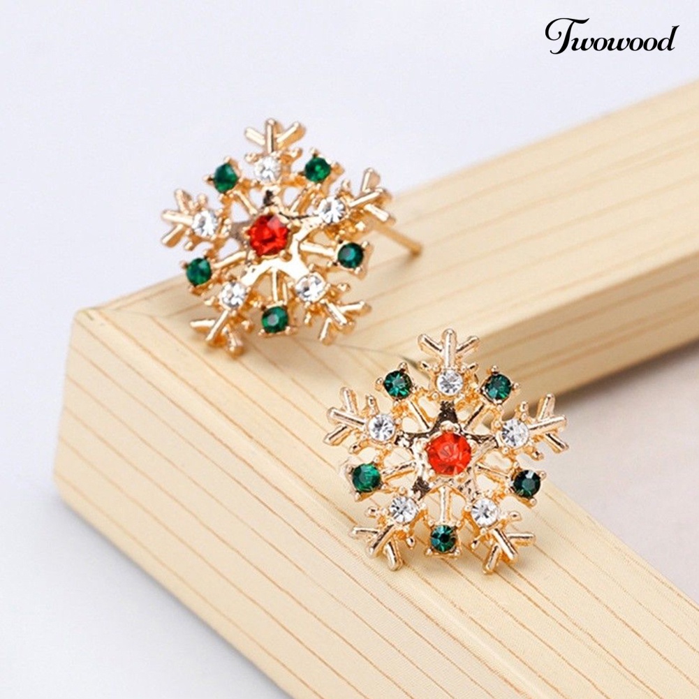 Anting Stud Desain Snowflake Natal Aksen Berlian Imitasi Untuk Wanita