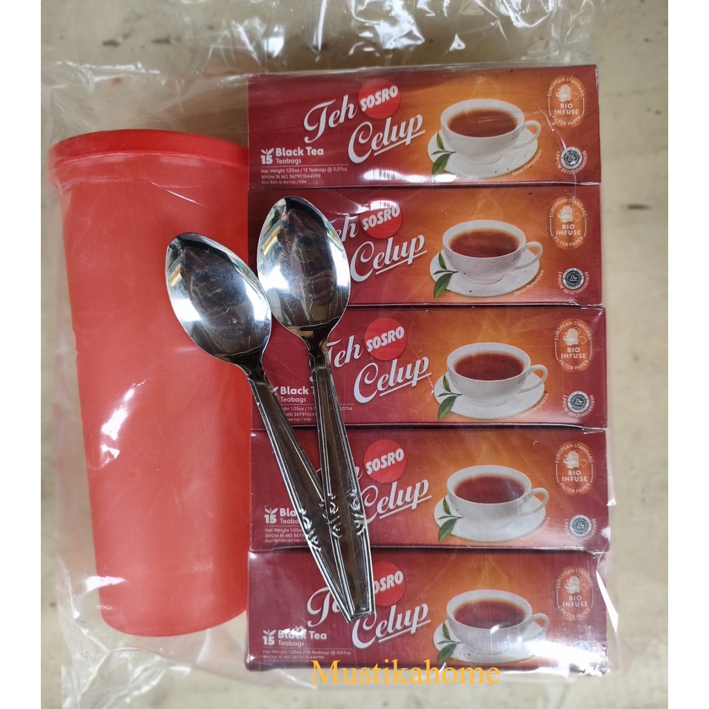 PAKET HEMAT 5 BOX TEH CELUP SOSRO + BOTOL TUMBLER  + 2 PCS SENDOK TEH