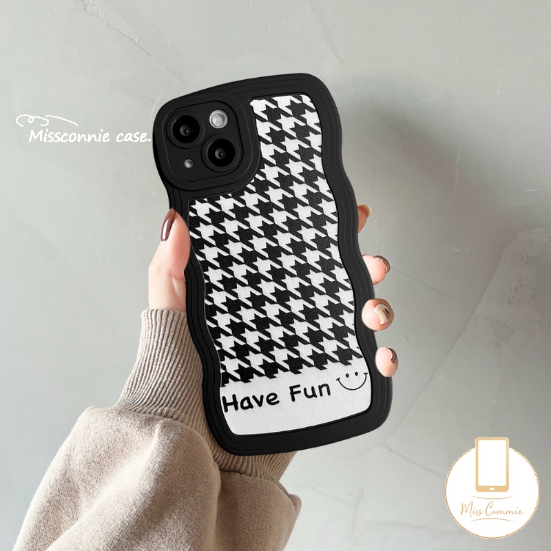 Soft Case Hitam Motif Houndstooth Untuk iPhone 11 14 12 13 Pro Max XR 7 8 6 6s Plus 14 Plus X XS Max SE 2020