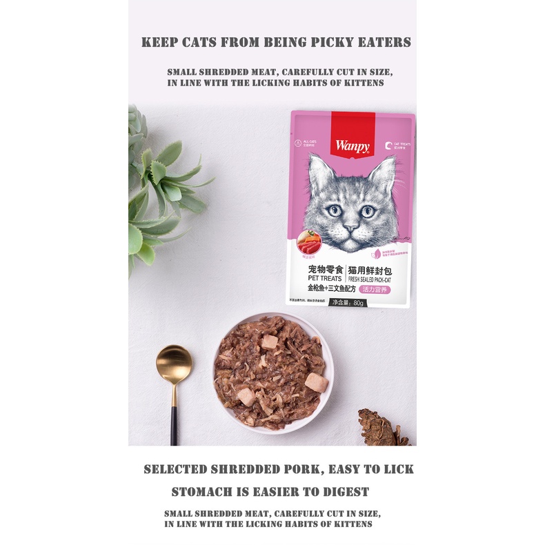 Wanpy 80g Snack kucing Snack Hwan Peliharaan Cat Strip Cat Wet Food Paket Daging Segar Camilan Kucing Berkualitas Tinggi