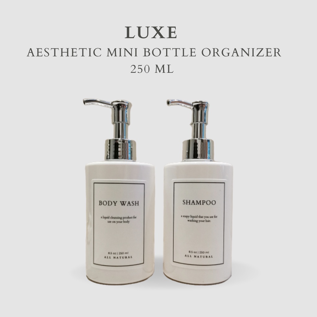 LUXE Botol MINI PUTIH Label KOTAK PUTIH 250 ml Aesthetic Bottle Refill | Botol refill sabun /botol refill sabun/ botol isi ulang/botol sabun refill/botol sabun/botol pump/botol anak/bathroom organizer/bathroom amenities