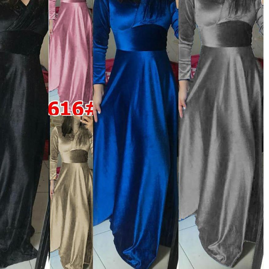 616 Bludru# Maxi dress fashion / gaun mekar panjang bludru / dress panjang fashion V line